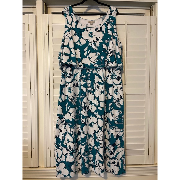 Woman Within dress size 1X 22/24 sleeveless green white floral dress - Picture 1 of 10